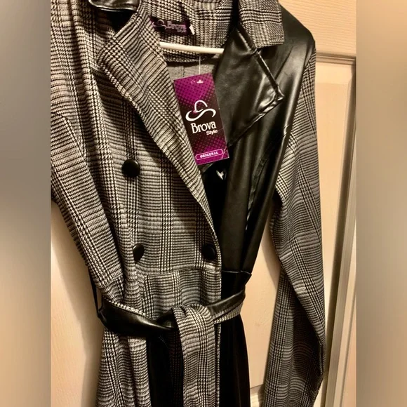 NWT Original Brova trench coat faux leather with plaid pattern 🩶🖤 - Picture 7 of 12